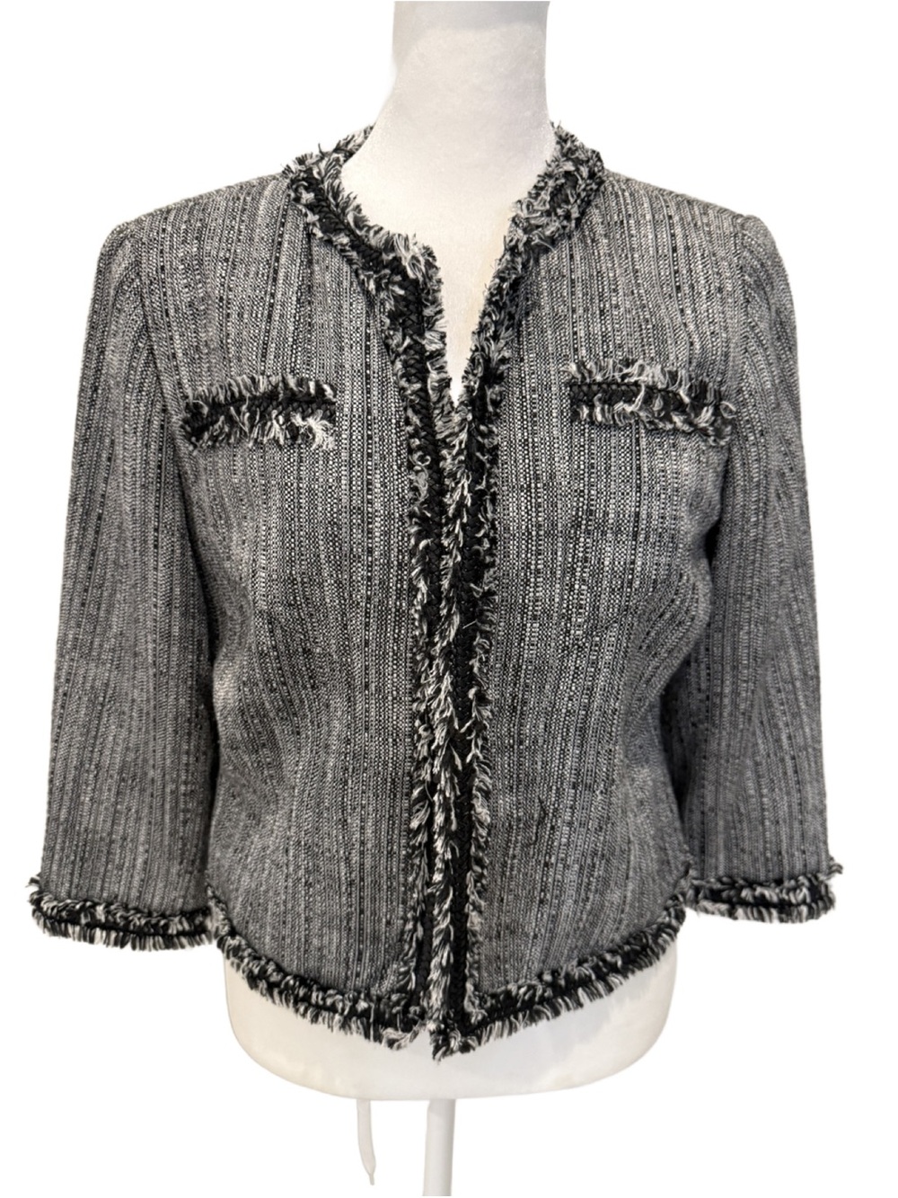 Muse for Boston Proper Black & White Tweed Collarless Open Front Jacket. 6